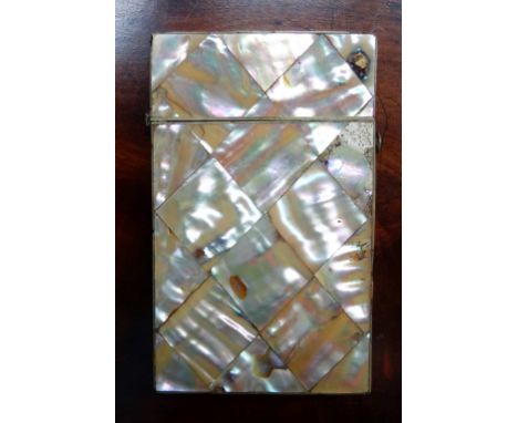 A 19th century hinged lidded mother of pearl covered card case (9cm x 5.5cm).