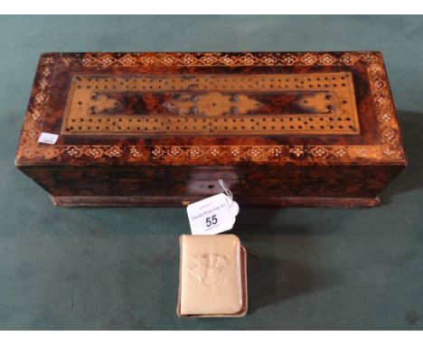 A walnut effect and brass mounted cribbage box, having three internal compartments, together with a miniature book of Common 