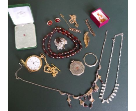 A single stone ruby tie tack, an amethyst set bar brooch and a quantity of other jewellery.