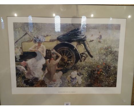 Dexter Brown 'de Bruyne', (British, born 1942), 'Bathing Party with 1912 Renault', limited edition lithograph no. 302/850, pe