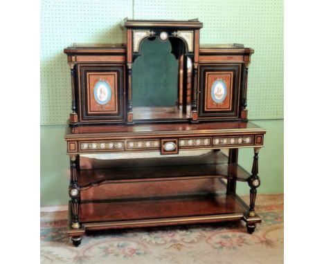 A late 19th century French amboyna, ebonised and gilt metal mounted side cabinet, surmounted by pierced galleries, the centra