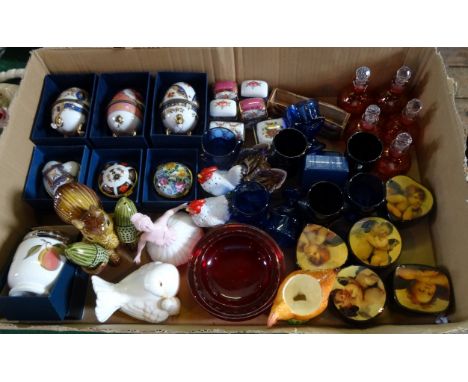 A quantity of ceramics and glass, to include: three boxed Limoges hand painted egg trinket boxes, a Whitefriars ruby coloured