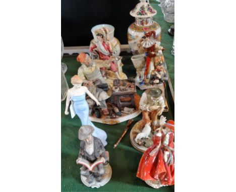 Two Royal Doulton figurines, Diana Princess of Wales and Top o' the Hill, together with seven Continental ceramic figurines, 