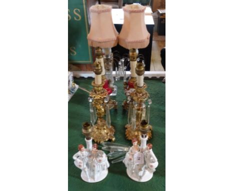 Four pairs of 19th century and later table lamps, to include: glass, ceramic and gilt metal examples. Condition Report: A bro