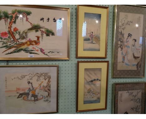 A collection of six Oriental pictures, to include: a Chinese tapestry and two paintings on silk, (various sizes), each framed