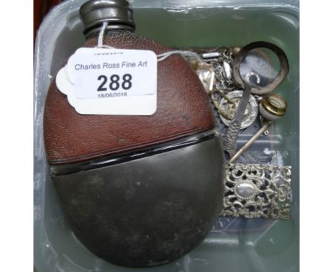 A 9 carat gold cased Art Deco-style wristwatch (lacking bracelet), together with a pewter and leather hip flask and other ite