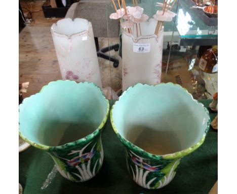 A pair of French opaline glass vases, having pink floral painted decoration (34cm), together with a pair of Japanese ceramic 