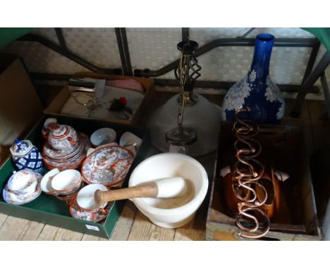 A mixed lot, to include: a Japanese export tea service, a large stoneware pestle and mortar, a blue and white modern vase, a 