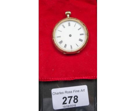 A Swiss gold open faced keyless lever pocket watch, white enamel dial, Roman numerals, the case profusely decorated with scro