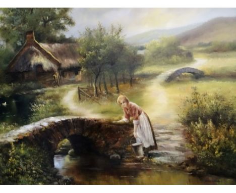 K. Bevner, 20th century English school, a girl collecting water from a stream beside a bridge, oil on canvas, signed to lower