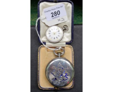 A Victorian silver hunting cased pocket watch, white enamel dial, subsidiary seconds at 6 o'clock, enamelled monogram to hing