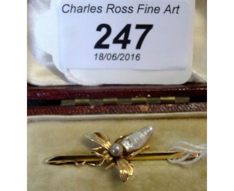 A fly bar brooch, the fly with baroque and cultured pearl thorax abdomen on a knife edge bar marked 9 carat, in fitted case.