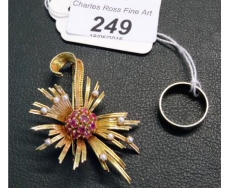 A ruby and seed pearl foliate brooch, with central ruby cluster and seed pearl set brass sprays, together with a 9 carat whit