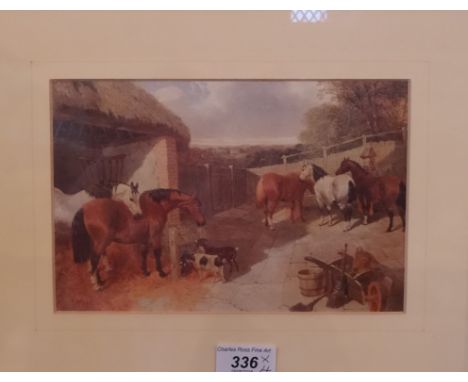 Three unsigned Victorian watercolours, each of rural houses, together with a print of horses in a yard (various sizes), each 