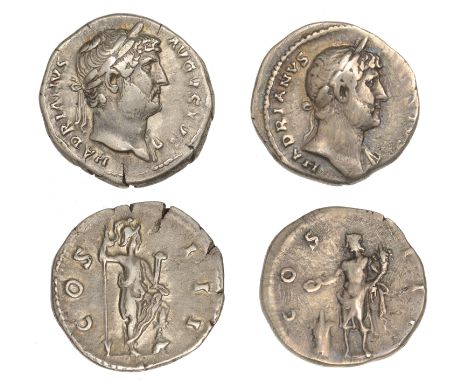 Hadrian, Denarii (2), both 124-7, revs. Genius standing left, sacrificing with patera over altar and holding cornucopiæ, 3.37