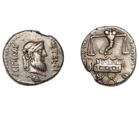 Quintus Cæcilius Metellus Pius Scipio, Denarius, 47-6, metel pi scip imp, head of Jupiter right, eagle’s head left below, rev