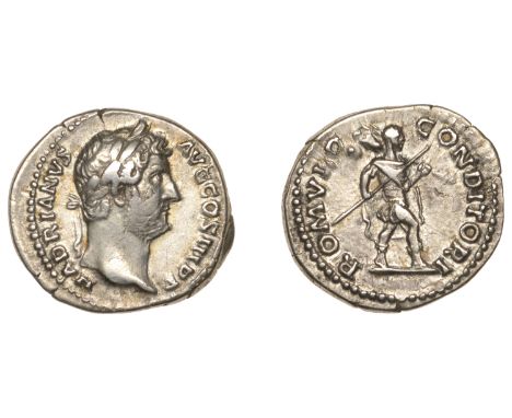 Hadrian, Denarius, c. 130, laureate bust right, rev. Romulus in military dress advancing to right, holding spear and trophy, 