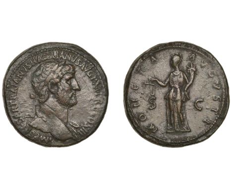 Hadrian, Sestertius, c. 119-21, laureate bust right, drapery on far shoulder rev. Moneta standing left holding scales and cor