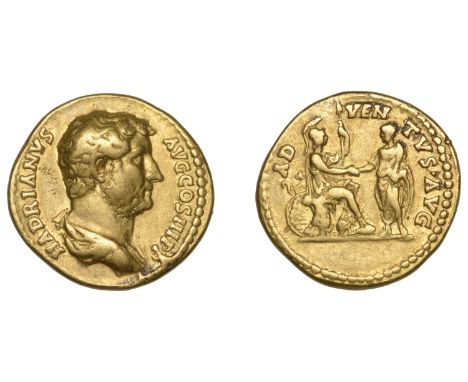 Hadrian, Aureus, 133-5, bare headed draped bust right, rev. Roma, in military attire, seated right on cuirass, left foot on h