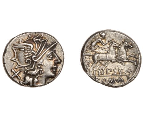 P. Cornelius Sulla, Denarius, c. 151, head of Roma right wearing winged helmet, rev. Victory driving biga right, 3.39g (Craw.