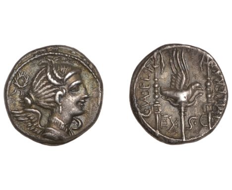 C. Valerius Flaccus, Denarius, c. 82, Massalia, draped bust of Victory right,  wreath behind head, rev. legionary eagle flank