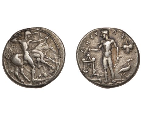 SICILY, Selinos, Didrachm, c. 455-440, naked Herakles running right, with club raised in his right hand, grabbing the Cretan 