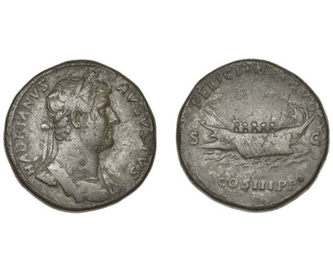 Hadrian, Sestertius, 129-30, laureate and cuirassed bust right, rev. galley left with five oarsmen, S C in field, 27.92g (RIC