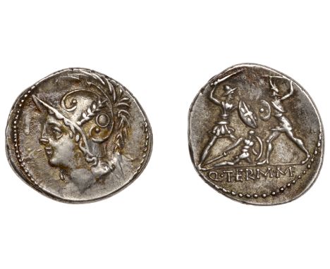 Q. Thermus M.f., Denarius, c. 103, helmeted head of Mars left, rev. two warriors in combat, fallen soldier below, 3.99g (Craw