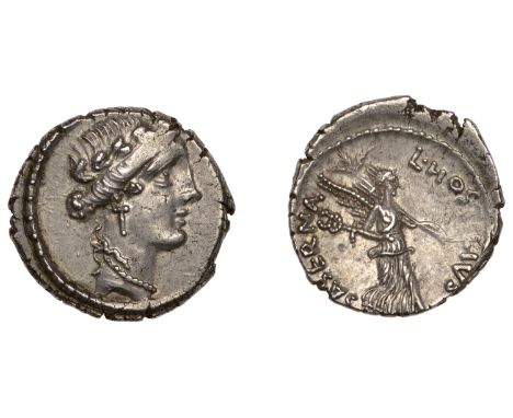 L. Hostilius Saserna, Denarius, c. 48, laureate and diademed head of Pietas right, rev. Victory walking right, holding trophy