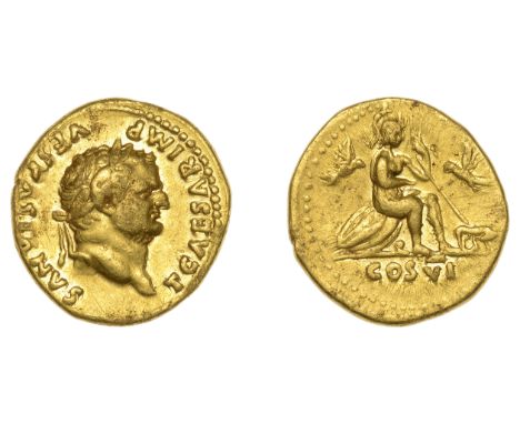 Titus (as Cæsar), Aureus, Rome, 77-8, t caesar imp vespasianvs, laureate bust right, rev. Roma seated right on two oval shiel