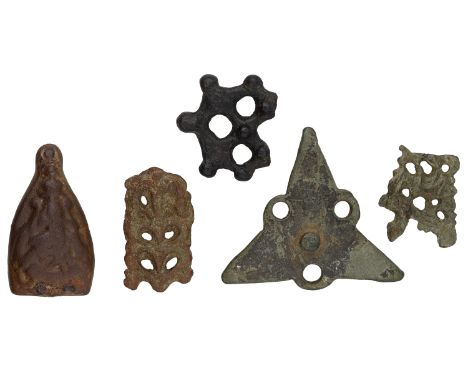 Viking, various artefacts (5), 10th-11th centuries, including stirrup mounts (2), first of triangular shape with interlaced a