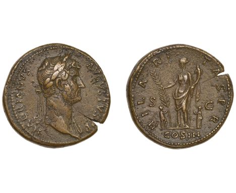 Hadrian, Sestertius, c. 128-9, laureate bust right, drapery on far shoulder, rev. Hilaritas standing left holding long palm b