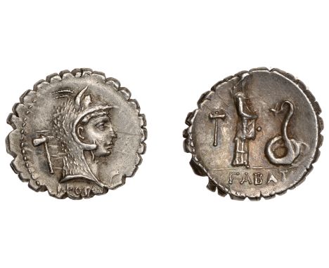 L. Roscius Fabatus, serrate Denarius, Rome, c. 64, head of Juno Sospita right, wearing goatskin head-dress, rev. girl standin