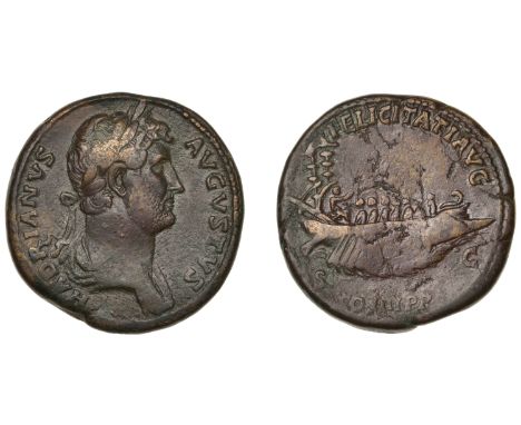 Hadrian, Sestertius, c. 129-30, laureate draped bust right, rev. galley with seven oarsman advancing to right, sc in field, c