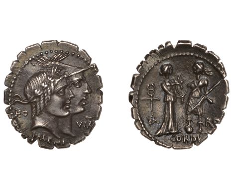Q. Fufius Calenus and Mucius Cordus, c. 70, serrate Denarius, jugate heads of Honos and Virtus right, rev. Italia and Roma st