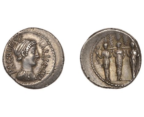 P. Accoleius Lariscolus, Denarius, c. 43, draped head of Diana Nemorensis right, rev. triple cult statue of Diana Nemorensis 