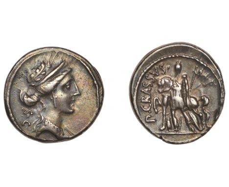 P. Licinius Crassus, Denarius, Rome, 55, laureate, diademed and draped bust of Venus right, rev. female standing front, leadi