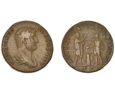 Hadrian, Sestertius, c. 130-3, bare-headed draped bust right, rev. Hadrian, togate, standing right, raising hand and holding 