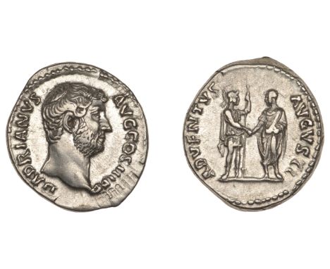 Hadrian, Denarius, c. 133-5, bare-headed bust right, rev. Roma standing right holding reversed spear and clasping hands with 