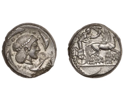 SICILY, Syracuse, Hieron I, Tetradrachm, 478-466, charioteer driving slow quadriga right, Nike flying above crowning horses w