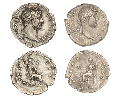 Hadrian, Denarii (2), both 128-9, revs. Roma seated right on shield holding spear and parazonium, 2.85g; Iustitia seated left