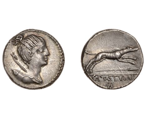 C. Postumius, Denarius, Rome, c. 74, draped bust of Diana right, bow and quiver over shoulder, rev. hound running right, spea