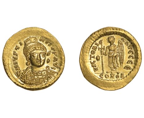 Justin I, Solidus, Constantinople, c. 518-9, three-quarters facing armoured bust, holding spear over shoulder, rev. Victory s