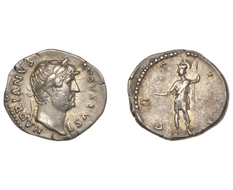 Hadrian, Denarius, 124-5, laureate bust right, slight drapery on far shoulder, rev. Roma, in military dress, standing left ho