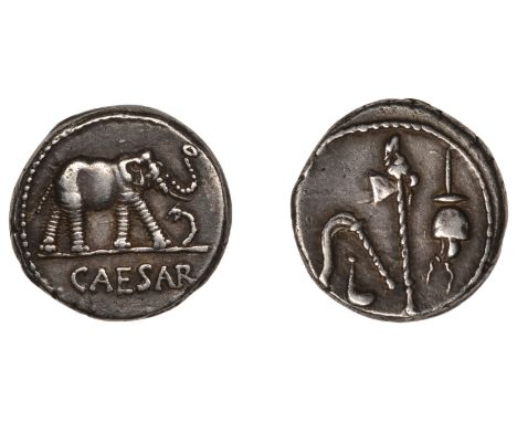 Julius Cæsar, Denarius, mobile military mint, 49, elephant walking right, trampling on dragon, rev. simpulum, sprinkler, axe 