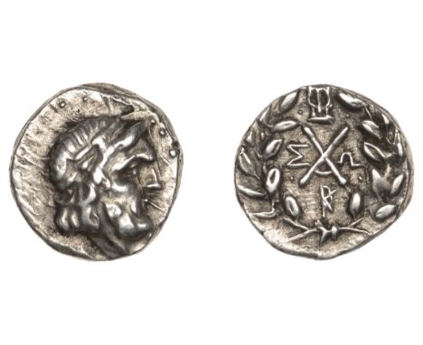 ACHAIAN LEAGUE, Megara, Hemidrachm, c. 160-46, laureate head of Zeus right, rev. Achaian league monogram, kithara above, mono