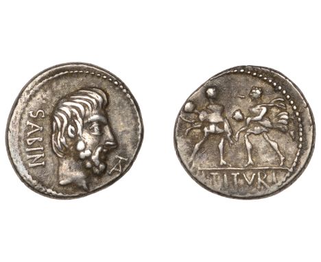 L. Titurius Sabinus, Denarius, Rome, c. 89, head of king Tatius right, rev. abduction of the Sabine Women, 3.68g/2h (Craw. 34