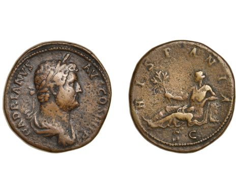 Hadrian, Sestertius, c. 134-8, laureate draped bust right, rev. Hispania reclining left, holding branch and resting elbow on 