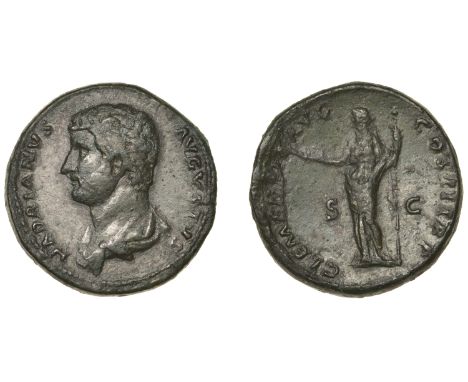 Hadrian, Sestertius, c. 129-30, bare-headed draped bust left, rev. Clementia standing left, holding patera and long sceptre, 