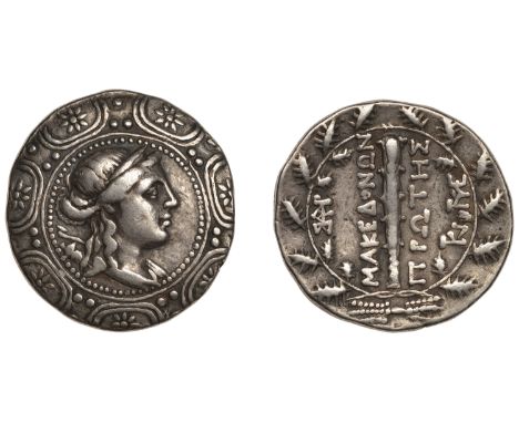 MACEDONIA, First Meris, Tetradrachm, Amphipolis, c. 158-150, diademed head of Artemis right, bow and quiver over shoulder, in